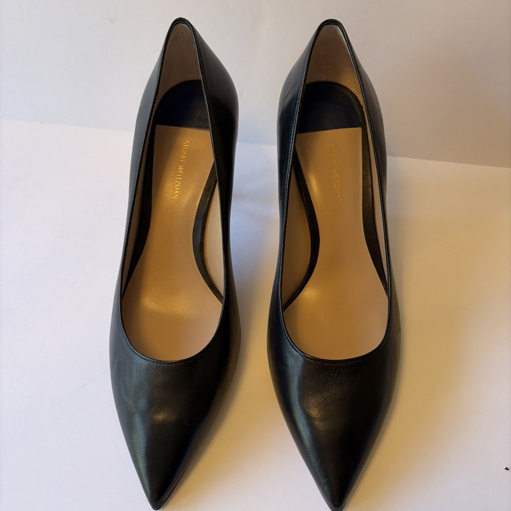 Stuart Weitzman Black Leather Pointed Toe Pumps Mid Heel Women's 9